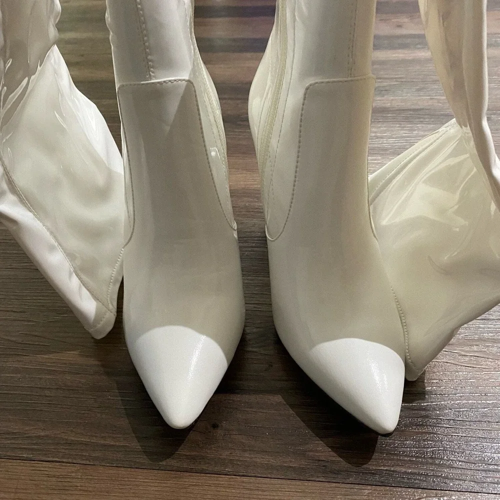 London Rag White Patent Over The Knee Boots Clear Block Heel‎ SH2544 Size 7 US